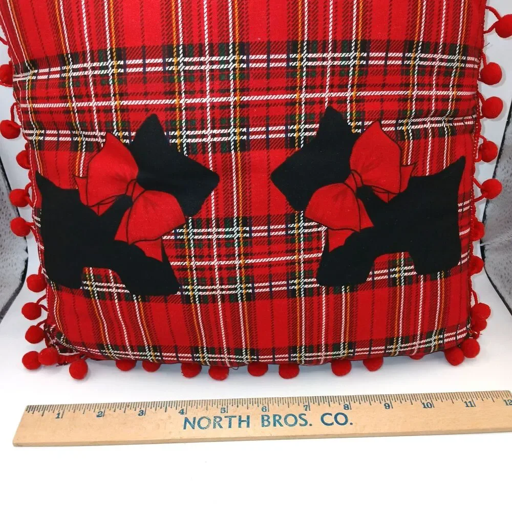 Scottie Dog Decorative Accent Throw Pillow Red Black Plaid PomPom Fringe 12x11
